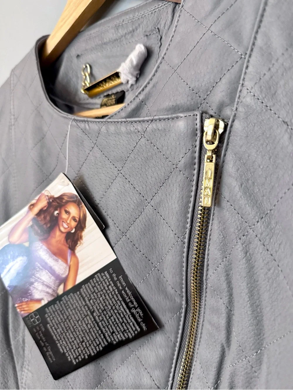 IMAN Gray Quilted Asymmetrical Leather Jacket